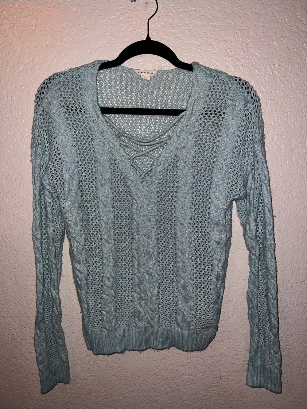 Aeropostale Light Blue Lace-Up Cable Knit V-Neck Sweater